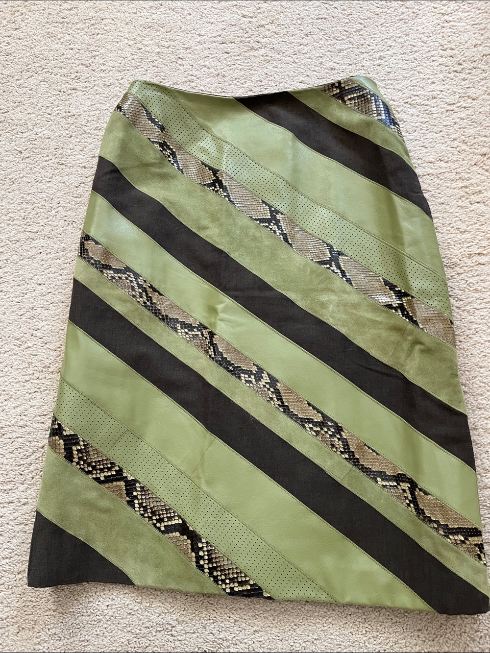 Olive Green Diagonal-Stripe Midi Skirt with Snake-Print Panels